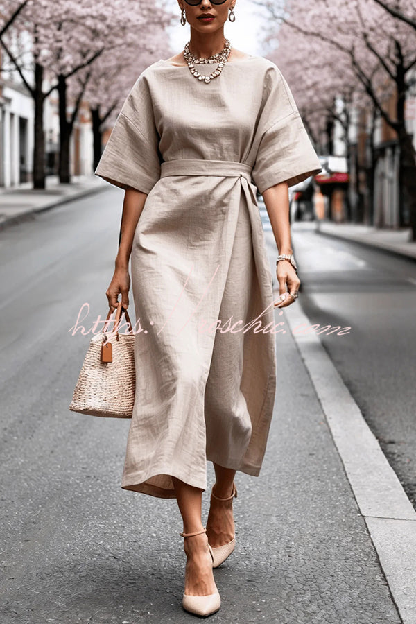 Color Round Neck Half Sleeve Waist Midi Dress