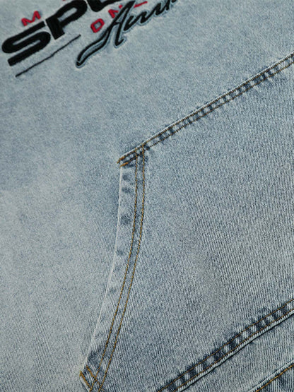 Distressed Denim Embroidered Hooded Sweatshirt