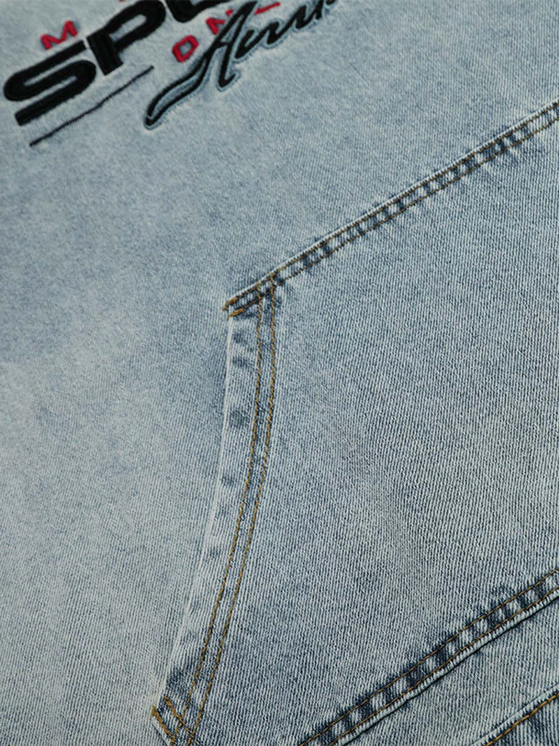 Distressed Denim Embroidered Hooded Sweatshirt