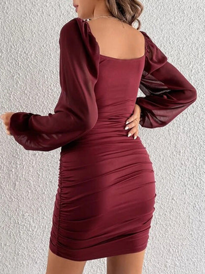 Loose Puff Sleeves Gauze Pleated See-through Color Split-joint Square-neck Evening Dresses Mini Dresses