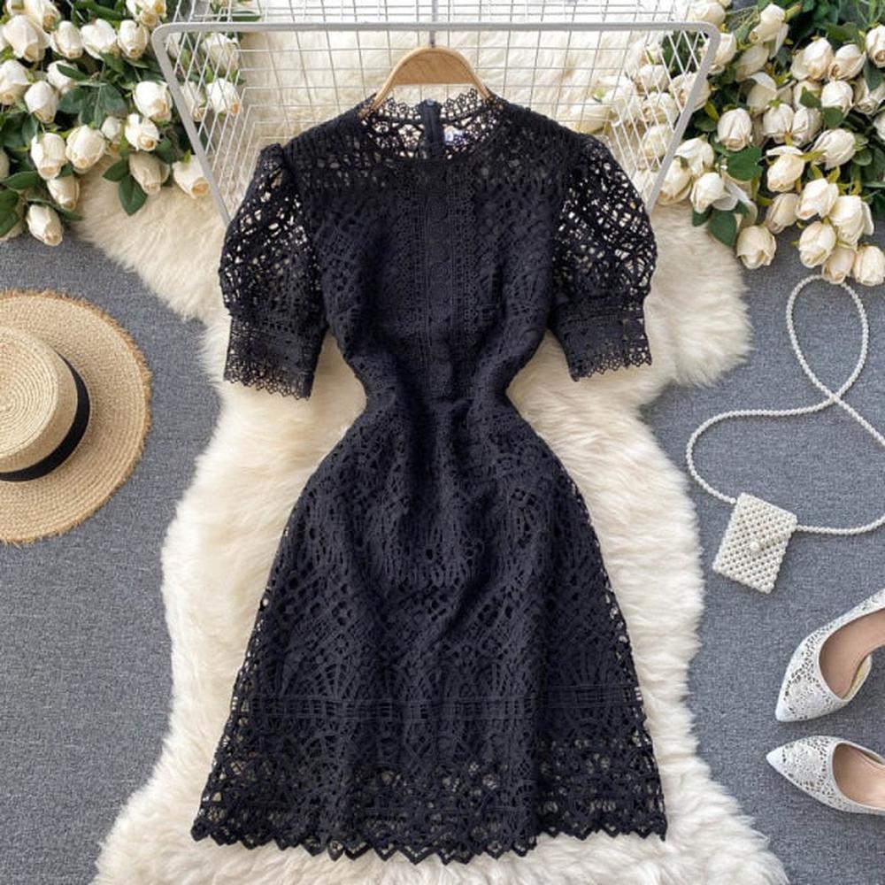 Pink O-neck Hollow Out Lace High Waist Puff Sleeve Mini Dress Ar1010