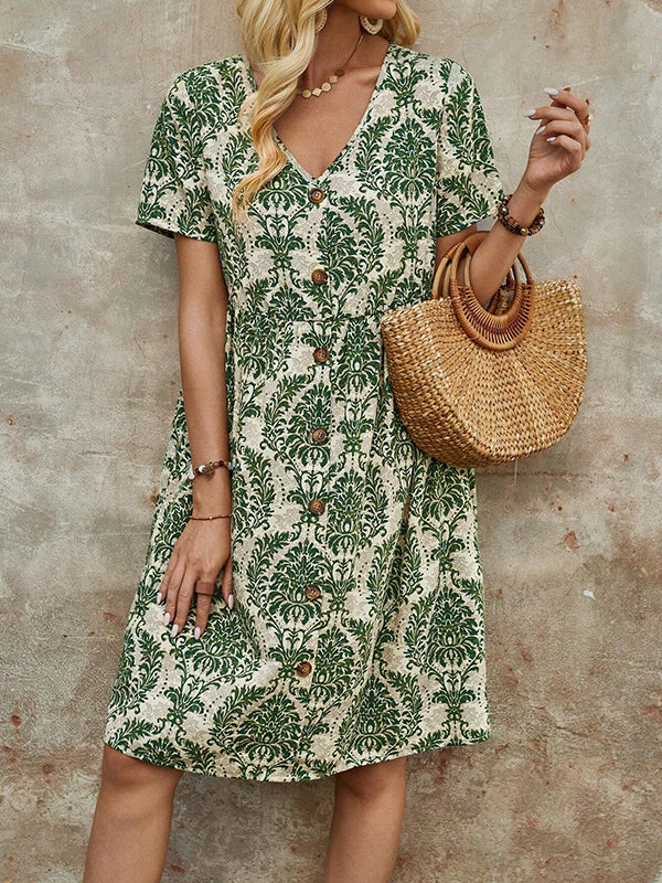 A-line High Waisted Buttoned Pleated Printed Split-joint V-neck Mini Dresses