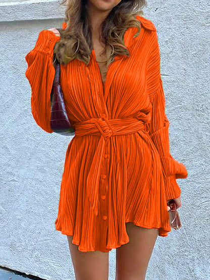 Long Sleeves Buttoned Pleated Color Tied Waist Lapel Mini Dresses Shirt Dress