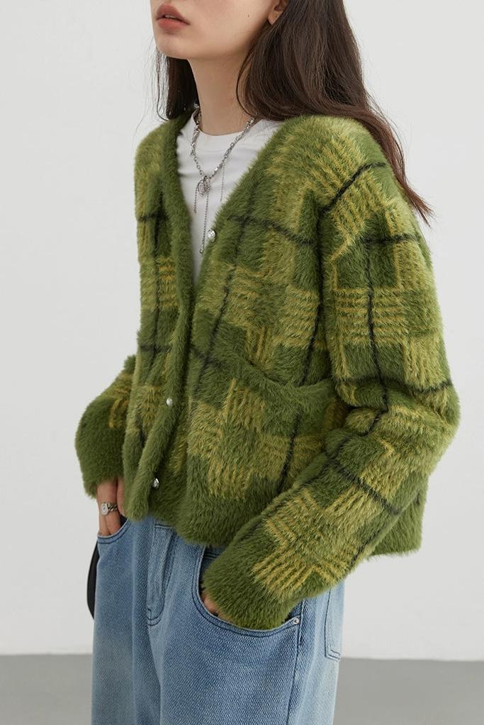 Plaid Fuzzy Cropped Cardigan