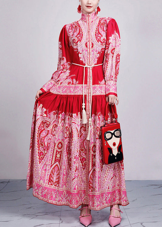 New Red Print Tie Waist Cotton Long Dresses Long Sleeve Ar1035