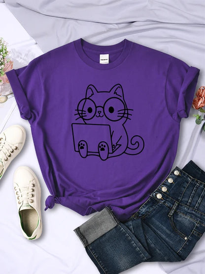 Careful Study of Work Cat Sketches T-shirt Personality Trend Tee Clothing Street Creative Tops Female Short Sleeve