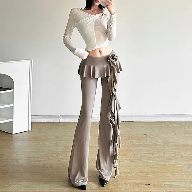 Flower Ribbons Straight Pants for Color High Strecth Folds Patchwork Female Summer Trousers