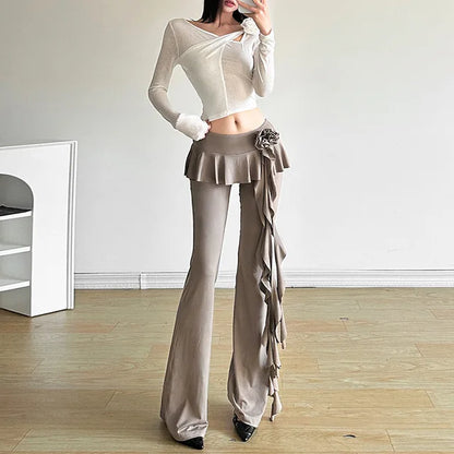 Flower Ribbons Straight Pants for Color High Strecth Folds Patchwork Female Summer Trousers