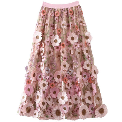 French Elastic Waist Yellow Embroidery Patch Tulle Skirt