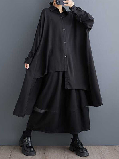 Original Black Lapel Asymmetric Buttoned High-low Hem Long Sleeve Blouse Tw009