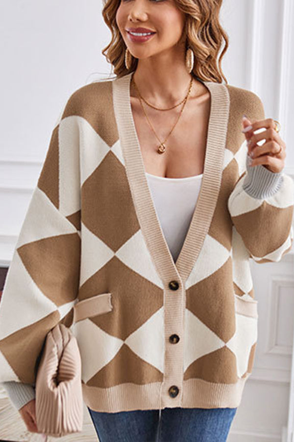 V-neck Geometric Patchwork Contrasting Knitted Cardigan Loose Jacket