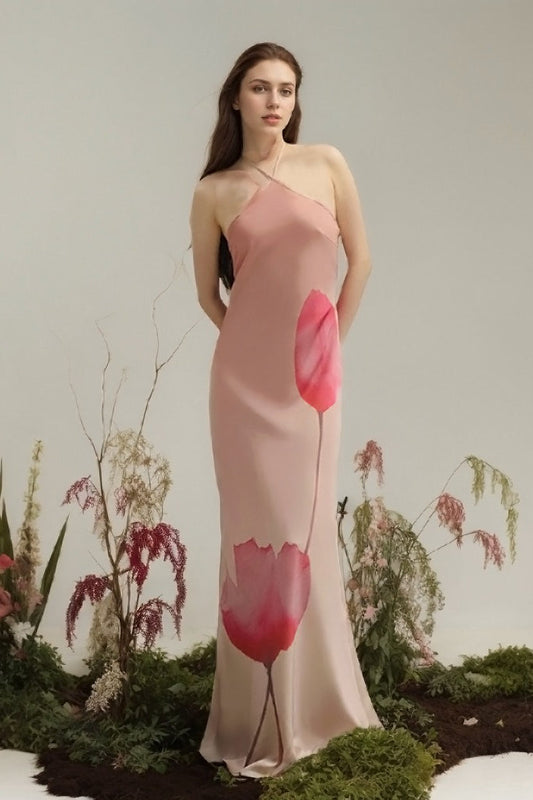 Print Halter Backless High Waist Maxi Dress
