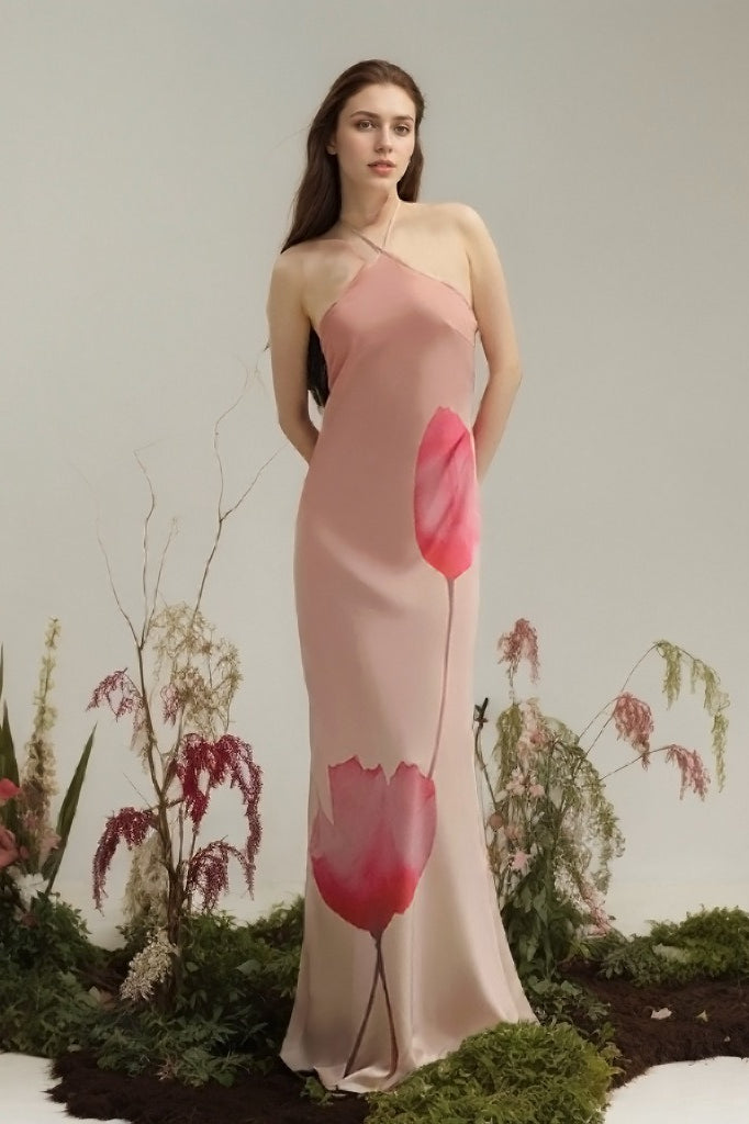 Print Halter Backless High Waist Maxi Dress