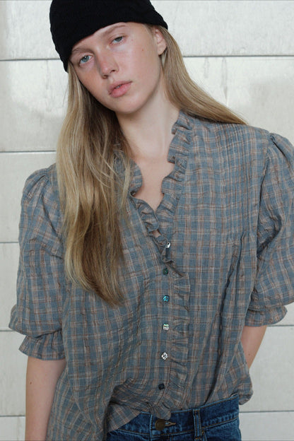 Plaid Ruffle Long Sleeve Blouse