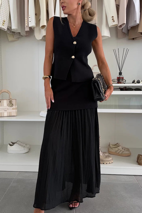Stylish and Knit Spliced Tulle Elastic Waist Pleated Maxi Skirt