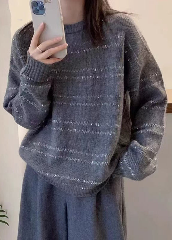 Dark Grey O-neck Striped Wool Knit Sweater Fall Qp020
