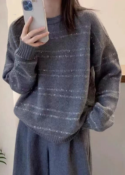 Dark Grey O-neck Striped Wool Knit Sweater Fall Qp020