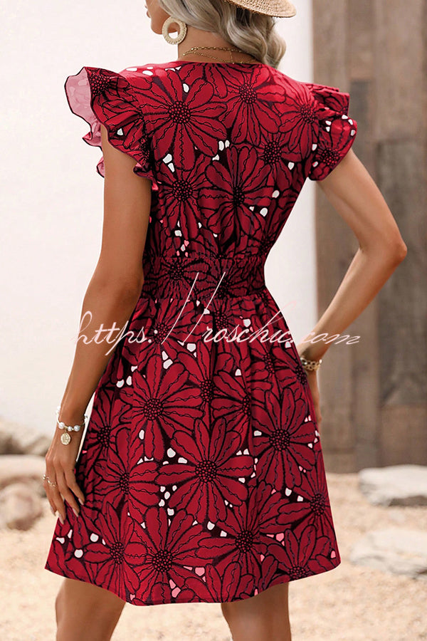 Wonderful Weekend Print Ruffle Sleeve Elastic Waist Mini Dress