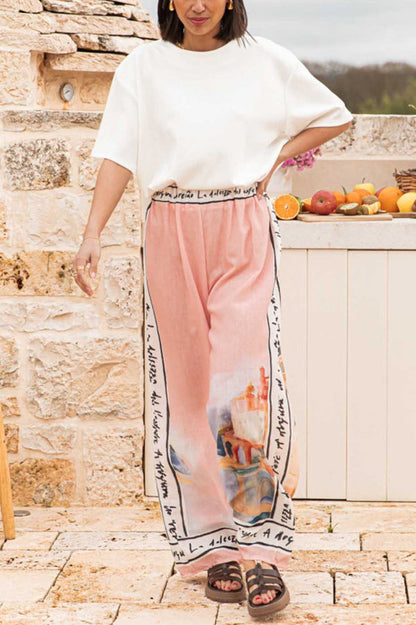 Unique Printed Elastic Waist Vacation Wide Leg Pants