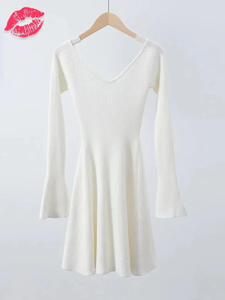 Knit Off-shoulder V-neck Mini Dress for Ribbed Loose High Waist Long Sleeve Knitwear Dress ’s Mini Dress