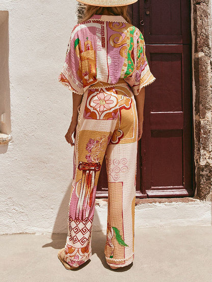 Retro Print Lace Trim Pocket Wide Leg Pants