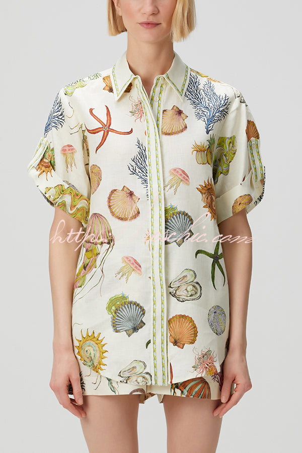 Beach Shell Print Short Sleeve Loose Shirt and Elastic Waist Tie Pocket Shorts Set