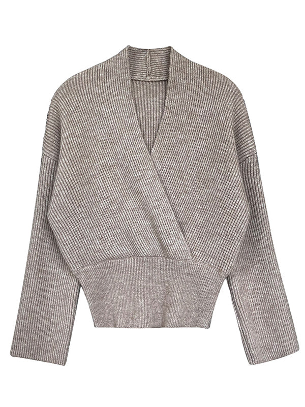 French Grey Cross V-neck Long Sleeve Sweater Qx012