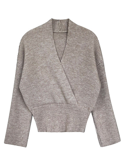 French Grey Cross V-neck Long Sleeve Sweater Qx012