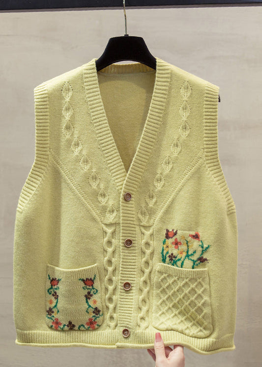 Natural Yellow V Neck Cotton Knitted Waistcoat Fall Qp014