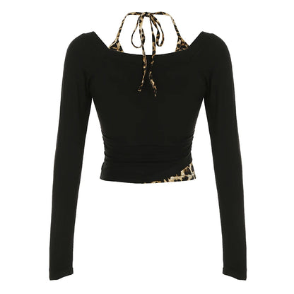 Patchwork Leopard Haled Fake Two Piece T-shirt Long Sleeve Slim Design S New Blouses & Shirt
