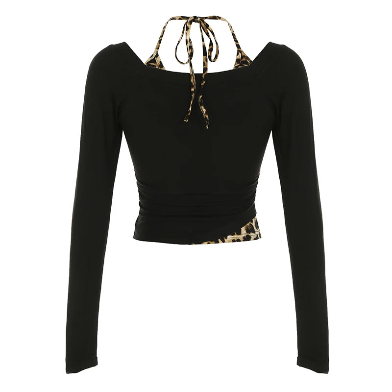 Patchwork Leopard Haled Fake Two Piece T-shirt Long Sleeve Slim Design S New Blouses & Shirt
