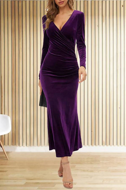 Velvet Long Sleeve V Neck Slim Fit Fishtail Maxi Dress