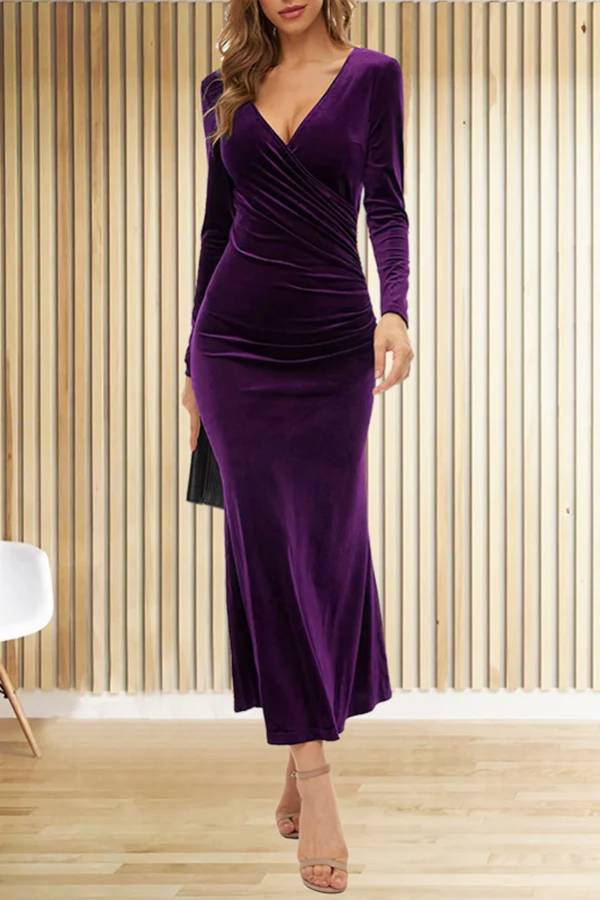 Velvet Long Sleeve V Neck Slim Fit Fishtail Maxi Dress