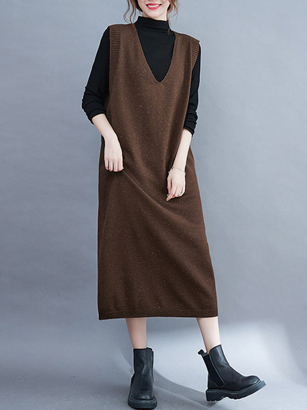 Color Knitting V-neck Sleeveless Sweater Dress