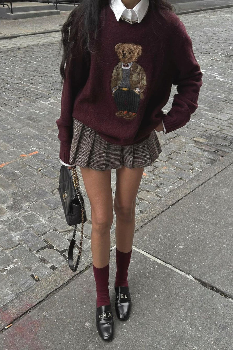 Retro Bear Embroidered Slim Knit Sweater