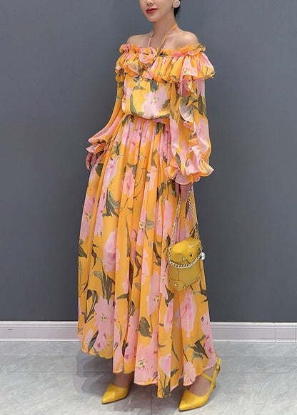 Orange Slash Neck Cold Shoulder Patchwork Long Dress Long Sleeve Ao1024