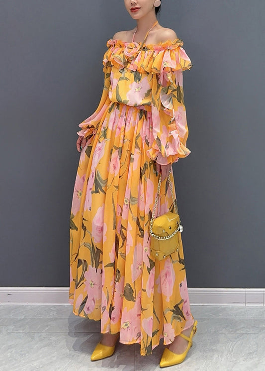 Orange Slash Neck Cold Shoulder Patchwork Long Dress Long Sleeve Ao1024