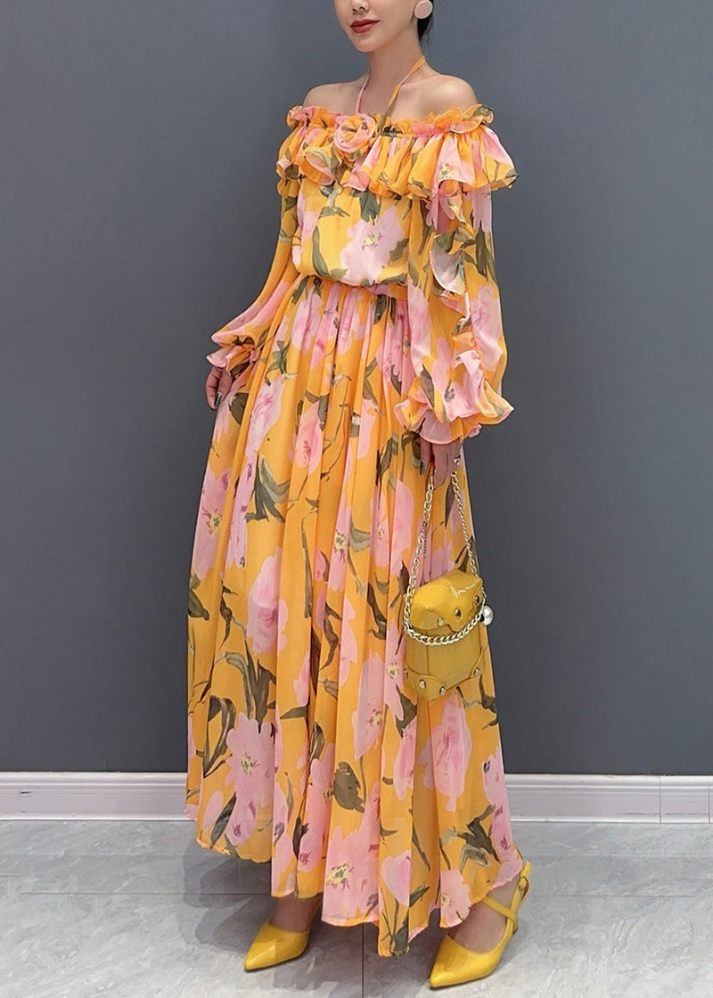 Orange Slash Neck Cold Shoulder Patchwork Long Dress Long Sleeve Ao1024