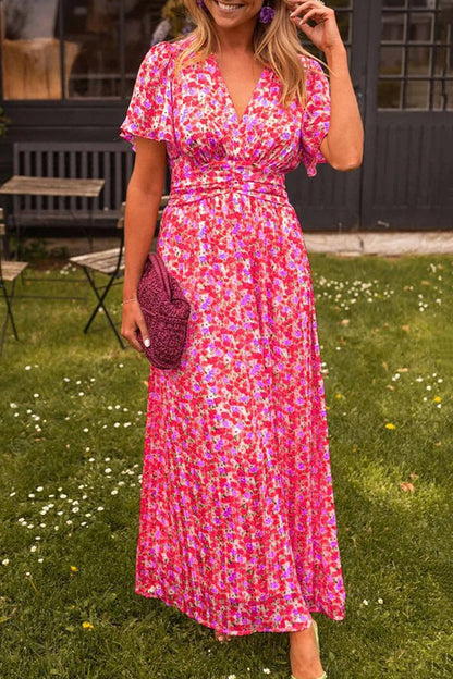 Print V-neck Short Sleeve Waist Maxi Dress