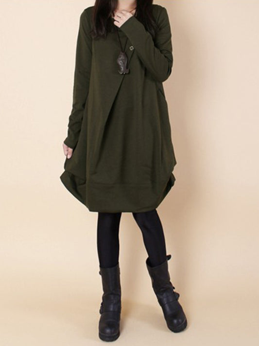 A-line Long Sleeves Pleated Color Round-neck Dresses Maxi Dresses