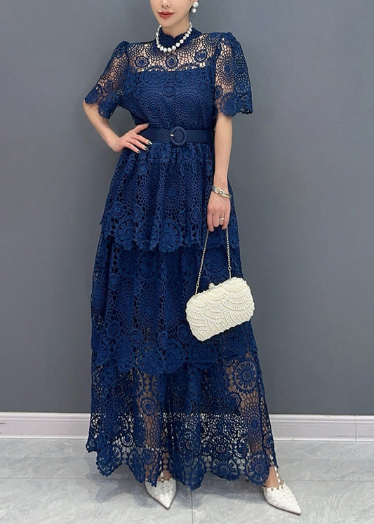 Navy V Neck Sashes Hollow Out Lace Long Dresses Summer Ao1013