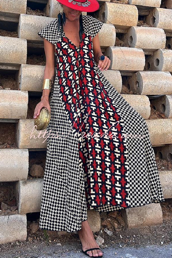 Fresh Breeze Unique Print Ruffle Sleeve A-line Maxi Dress