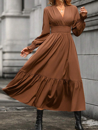 A-line Flared Sleeves Elasticity Pleated Color V-neck Midi Dresses