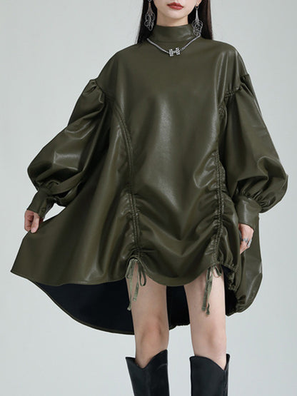 High-low Long Sleeves Drawstring Pleated Color Stand Collar Mini Dresses