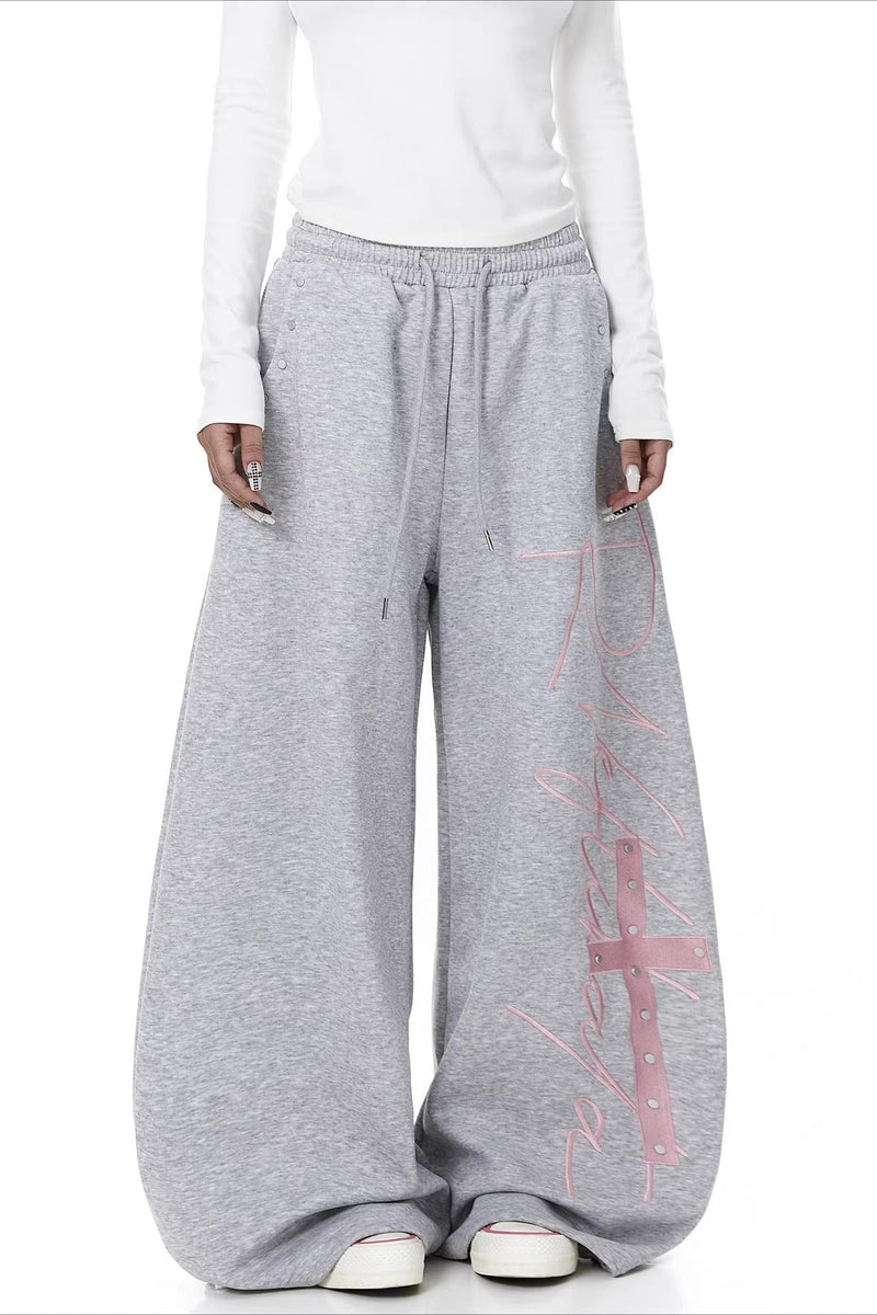 Contrast Print Curved Leg Wide Pants