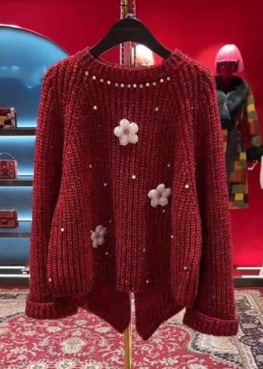 Stylish Red O-neck Nail Bead Thick Cotton Knit Sweater Tops Winter Wd037