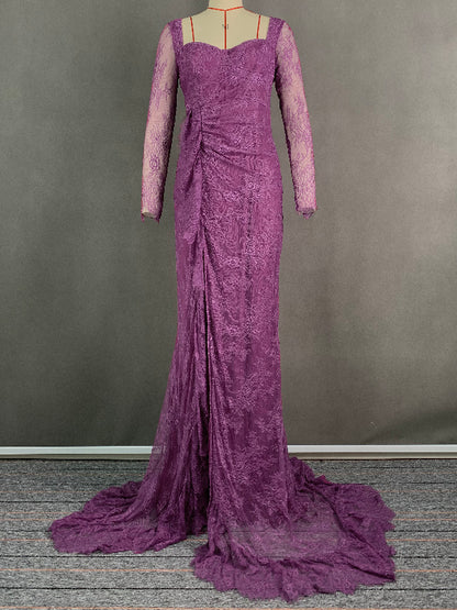 Long Sleeves Mermaid Mesh See-through Split-side Square-neck Evening Dresses Maxi Dresses