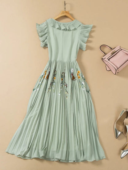 Palm Flying Ruffled Sleeve Pleated Hem Midi Dress