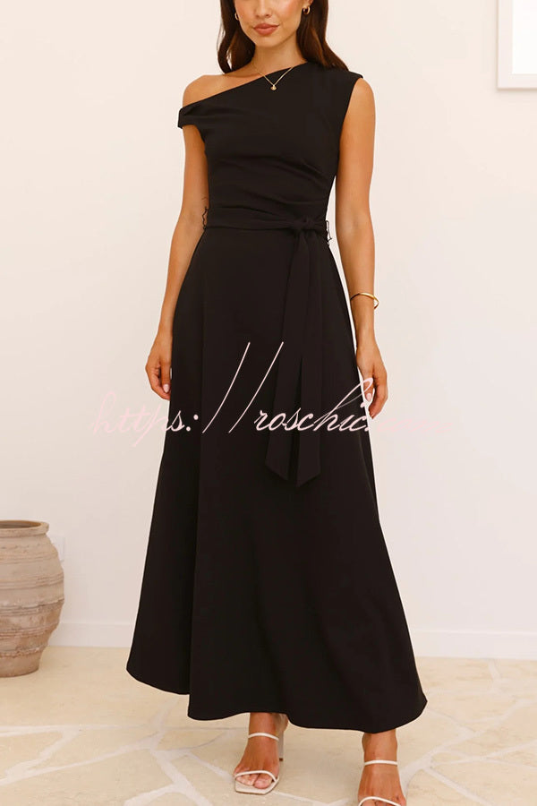 Color Sloped Collar Slim Fit Waist Lace Up Full Hem Maxi Dress