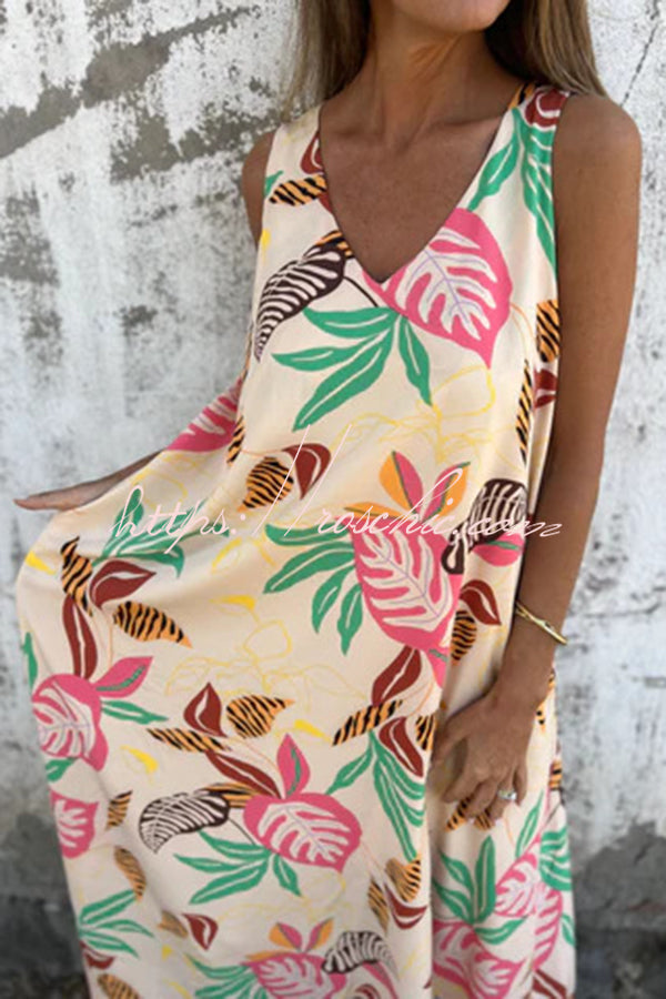 Botanical Print V-neck Pocket Loose Maxi Dress